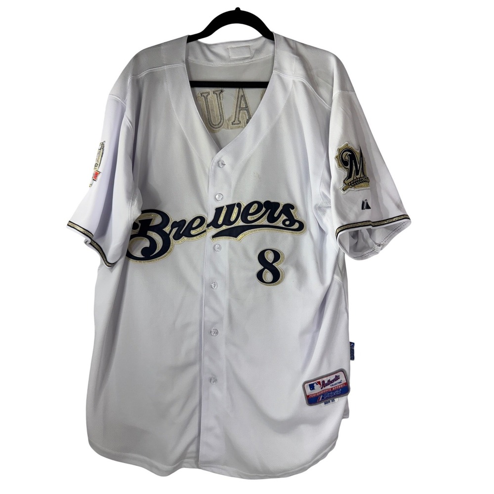 Majestic Milwaukee Brewers Ryan Braun 8 Jersey Men 52 Authentic 40th Anniv White
